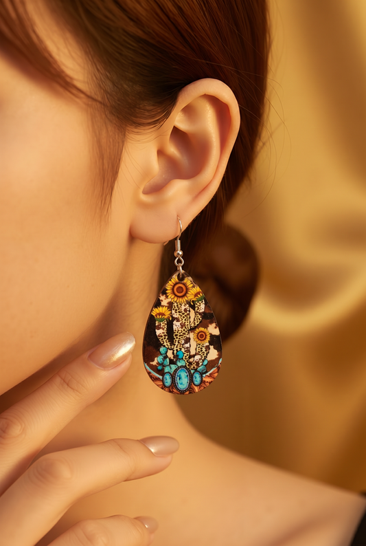 Western Sunflower Bull Teardrop Earrings