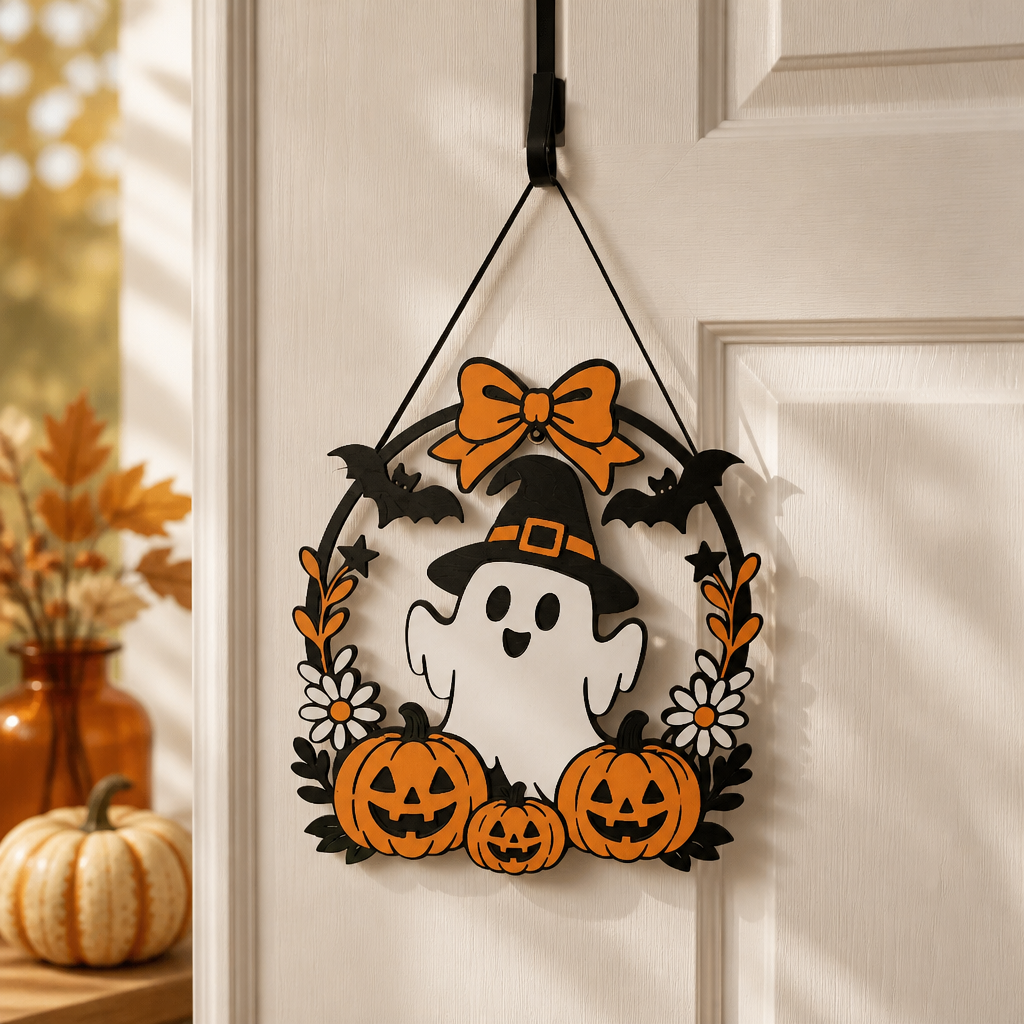 Spooky Sweet Ghost & Pumpkin Halloween Door Hanger